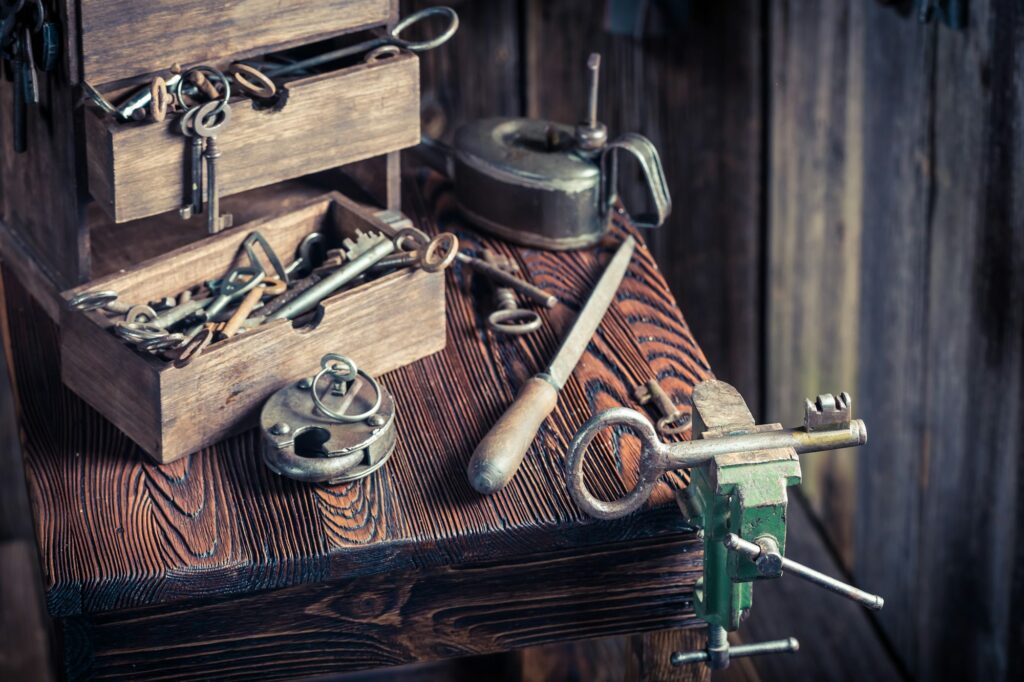 Locksmiths workshop with ancient tools